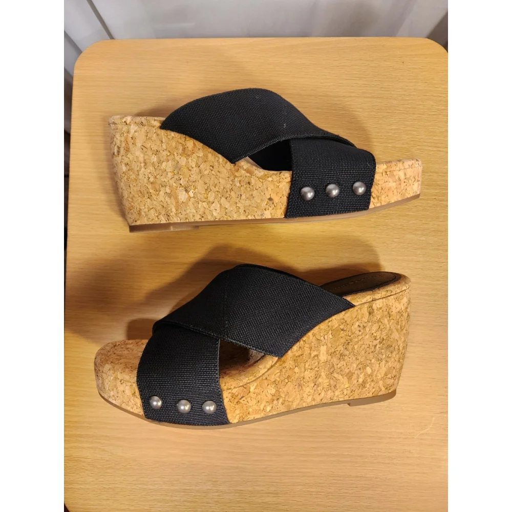 Lucky Brand Studded Criss-cross Cork Platform Wedge Slip On Sandals - 10 M BLACK